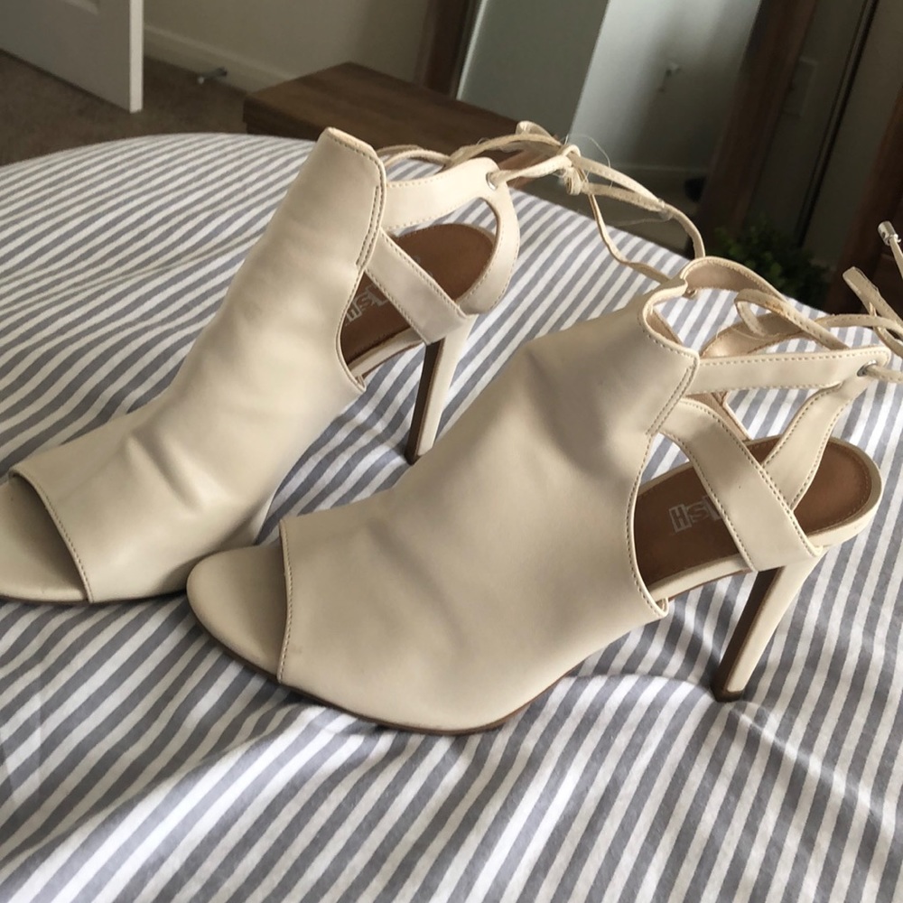 White leather open toe heels
